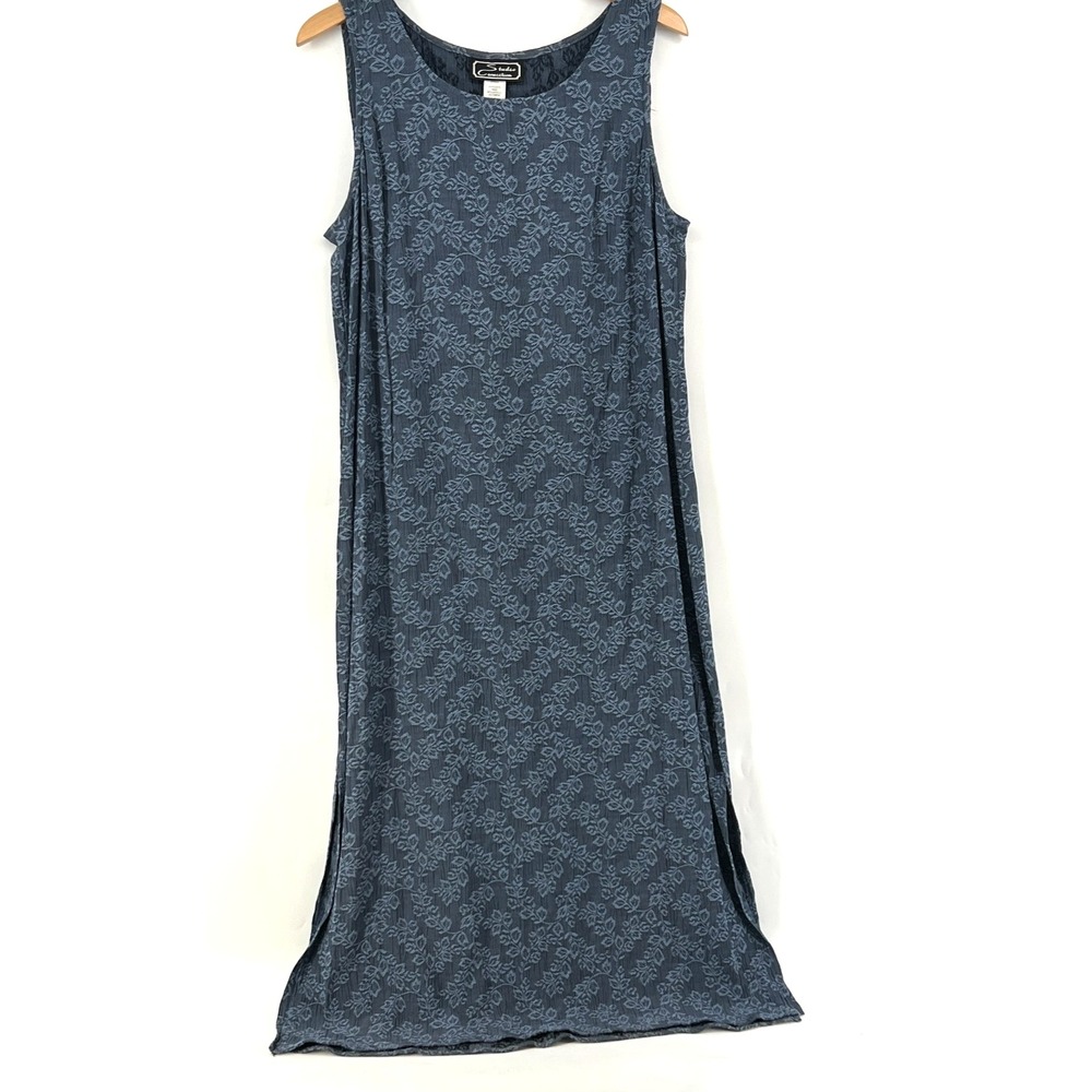 VTG 90s Floral Jacquard Maxi Dress 16 Blue Sleeveless Shift Grunge Cottagecore